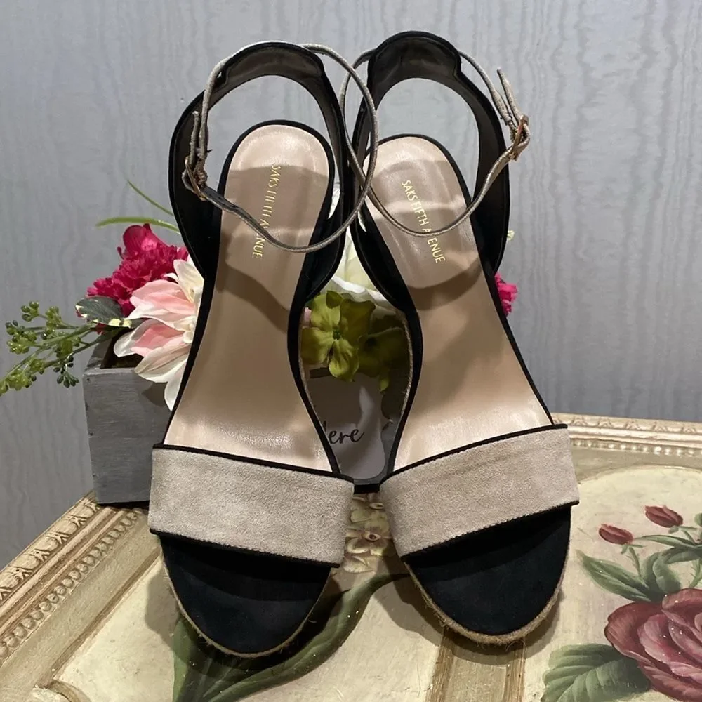 Saks 5th Avenue Shelby Platform Wedge Sandals Kid Suede Leather Sz 8.5